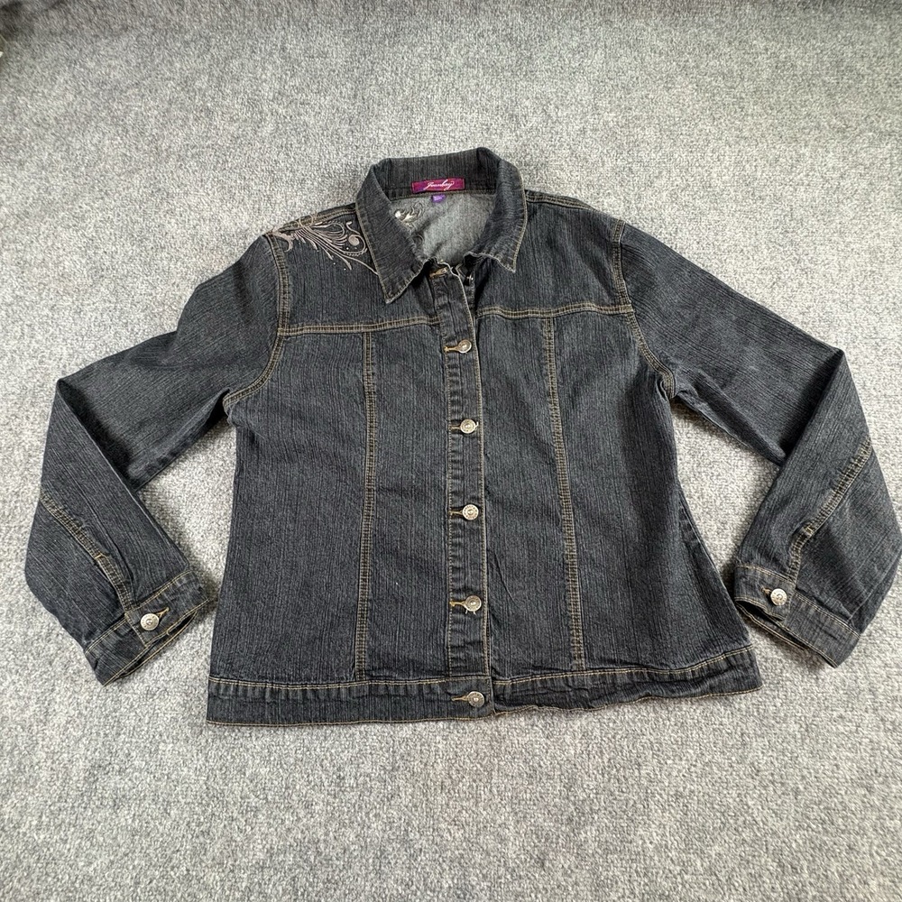 Jeanbay Denim Jacket Women 2X Fits L/XL Blue Embroidered Boho Y2K‎ Fairy Grunge